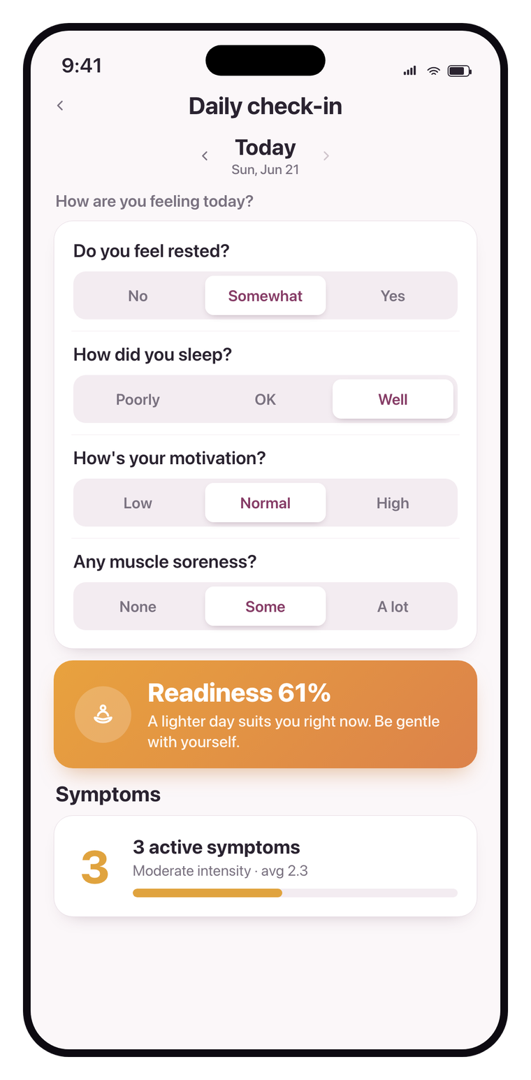 The Phaes daily check-in screen with quick questions about rest, sleep, motivation and soreness, and a readiness score.