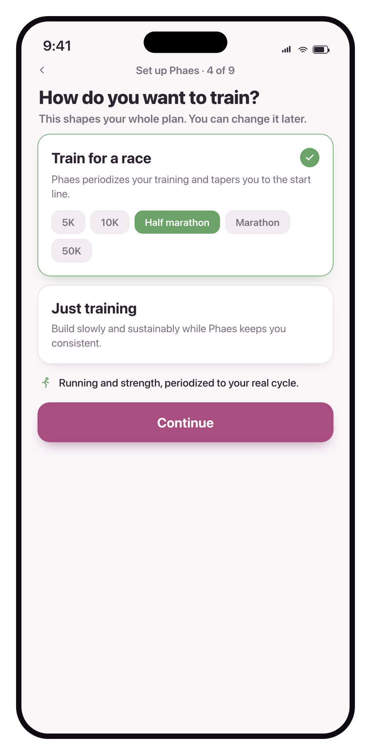 The Phaes plan setup screen letting you train for a race or just train, with running and strength built around your cycle.