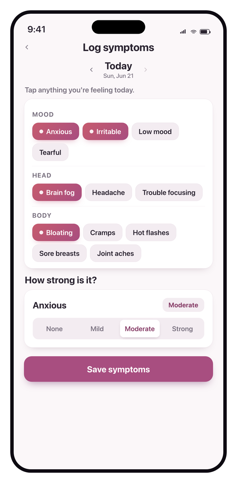 The Phaes symptom logging screen with mood, head and body symptoms selected and an intensity scale.